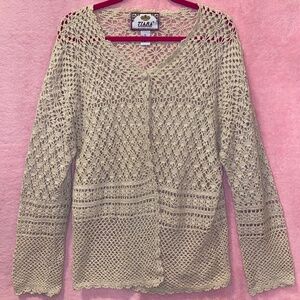 Vintage 90s Tiara Crochet Cardigan Longsleeve Nautical Beige Cream Taupe XL Fest